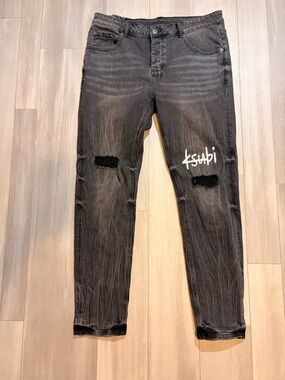 Ksubi Black Distressed Slim Jeans with White Logo
